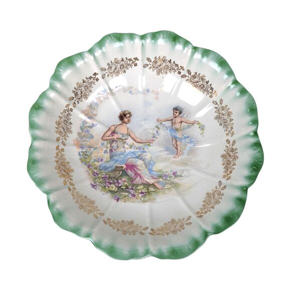 Vintage Dresden Porcelain Bowl: Woman and Angel Motif, Green & Gold Trim - Picture 2 of 7